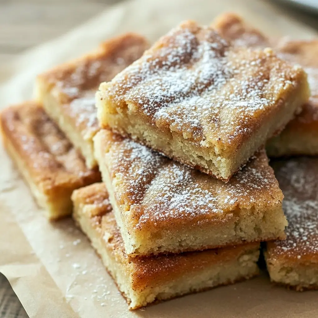 A stack of chewy cinnamon sugar blondies with a golden crust, perfect for Afternoon Dessert Ideas, Quick Fall Treats, or Desserts To Give To Neighbors.