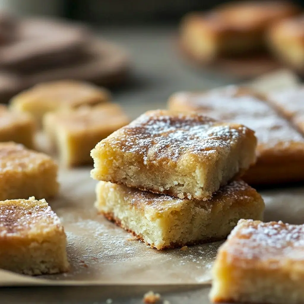A stack of chewy cinnamon sugar blondies with a golden crust, perfect for Afternoon Dessert Ideas, Quick Fall Treats, or Desserts To Give To Neighbors.