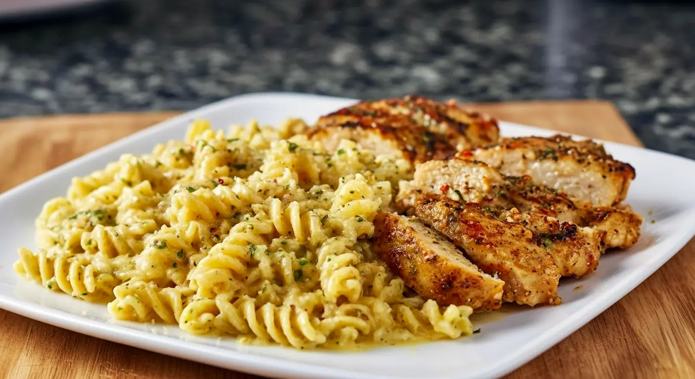 Bowl of twisted pasta tossed in a silky garlic-Parmesan sauce with seared chicken pieces and parsley — perfect for Meals For Family, Easy Family Dinner Ideas Kid Friendly, and Girls Night Dinner Ideas; a hearty Firehouse Meals-style plate of Parmesan Garlic Chicken Pasta and Creamy Garlic Parmesan Chicken Pasta, ideal for Quick And Easy Dinner Recipes For Two, Simple Chicken Breast Recipes For Dinner, and craving-curing Creamy Garlic Parmesan Chicken.