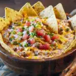 Bubbling Texas Trash Dip in a casserole dish with melted cheese, diced chiles, and green onion, served with tortilla chips — a top pick for Dips To Take To A Party, Easy Good Dip Recipes, and Delicious Dip Recipes, styled as a warm Party Food Casserole and Loaded Taco Dip alongside Side Dips for Snacks For Women and crowd-ready Tailgate Food Dips; truly one of the Great Dips Recipes.
