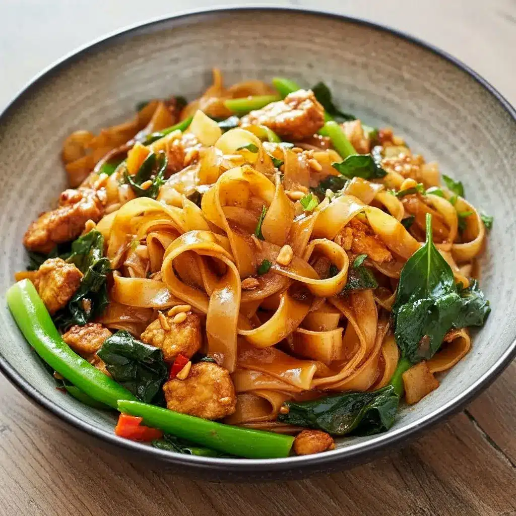 A colorful plate of Drunken Noodles with wide rice noodles, chicken, bell peppers, and broccoli—perfectly Al Dente and glistening with spicy soy sauce, a must-try for fans of Asian Cooking and easy Noodle Recipes.
