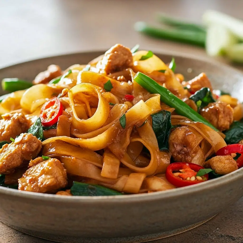 A colorful plate of Drunken Noodles with wide rice noodles, chicken, bell peppers, and broccoli—perfectly Al Dente and glistening with spicy soy sauce, a must-try for fans of Asian Cooking and easy Noodle Recipes.