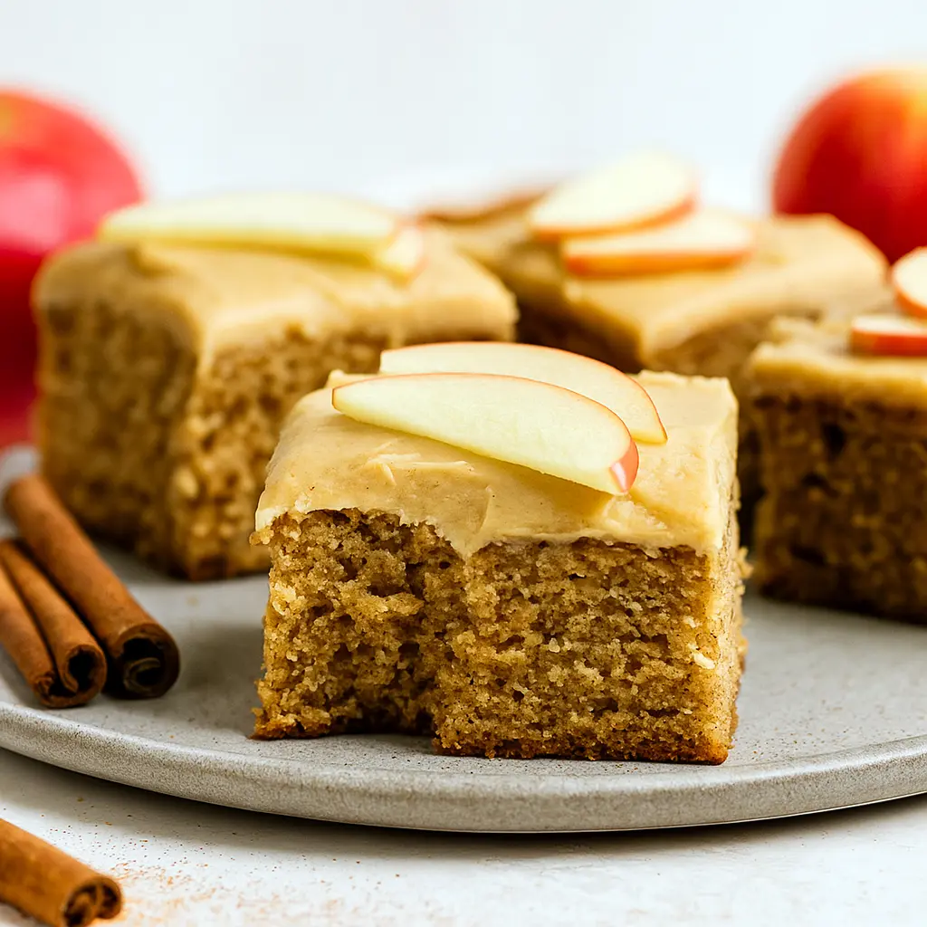 A slice of moist Autumn Apple Cake Recipes with warm brown sugar glaze, showcasing fresh apples, cinnamon spices, and perfect for Fall Time Dessert Recipes lovers.