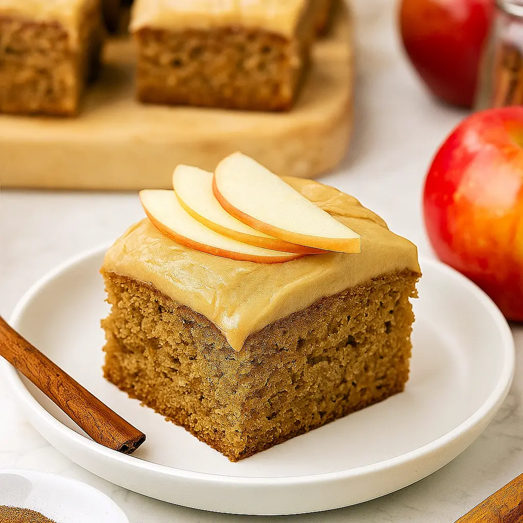 A slice of moist Autumn Apple Cake Recipes with warm brown sugar glaze, showcasing fresh apples, cinnamon spices, and perfect for Fall Time Dessert Recipes lovers.