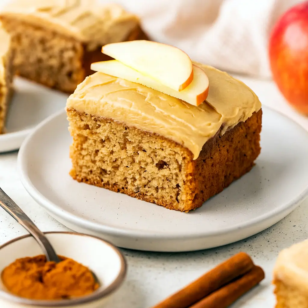 A slice of moist Autumn Apple Cake Recipes with warm brown sugar glaze, showcasing fresh apples, cinnamon spices, and perfect for Fall Time Dessert Recipes lovers.