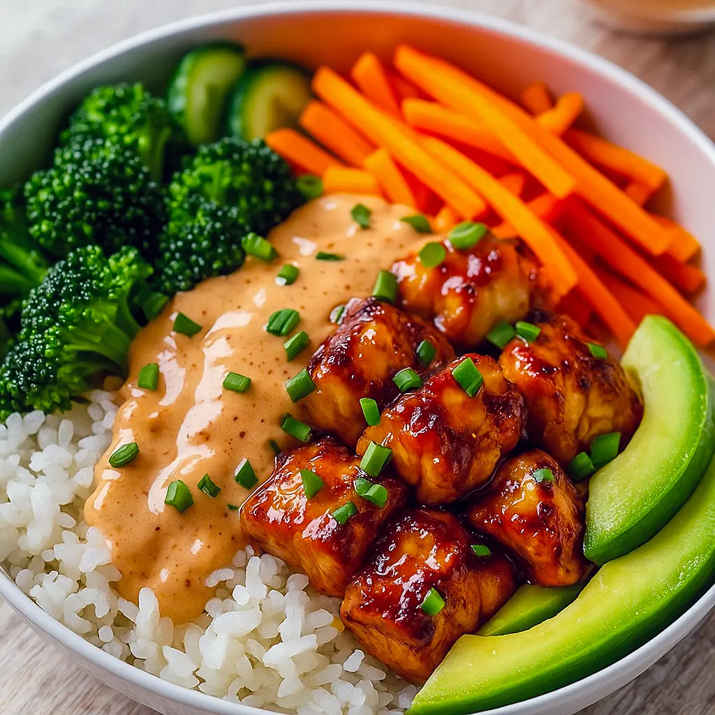 Overhead shot of a spicy chicken bowl with rice, sliced avocado, bell peppers, and sesame seeds.