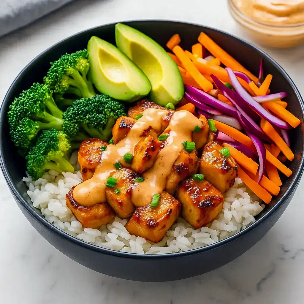 Overhead shot of a spicy chicken bowl with rice, sliced avocado, bell peppers, and sesame seeds.