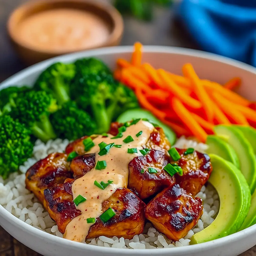 Overhead shot of a spicy chicken bowl with rice, sliced avocado, bell peppers, and sesame seeds.