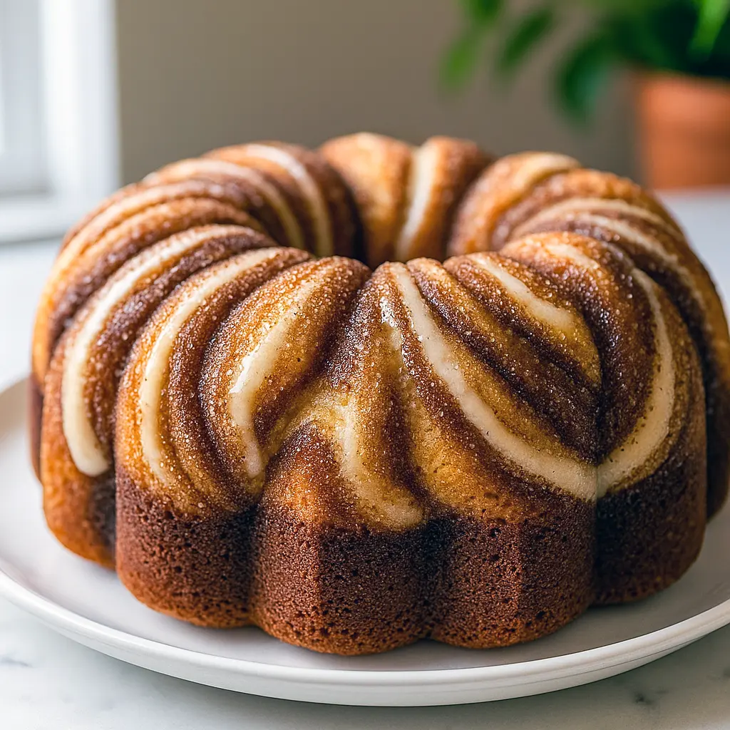 A golden Swirl Pound Cake baked in a Bundt pan with a sweet cinnamon sugar ribbon inside. A cozy dessert perfect for brunch, holidays, or anyone searching for Bundt Pan Cakes and the best Bundt Cakes Recipe.