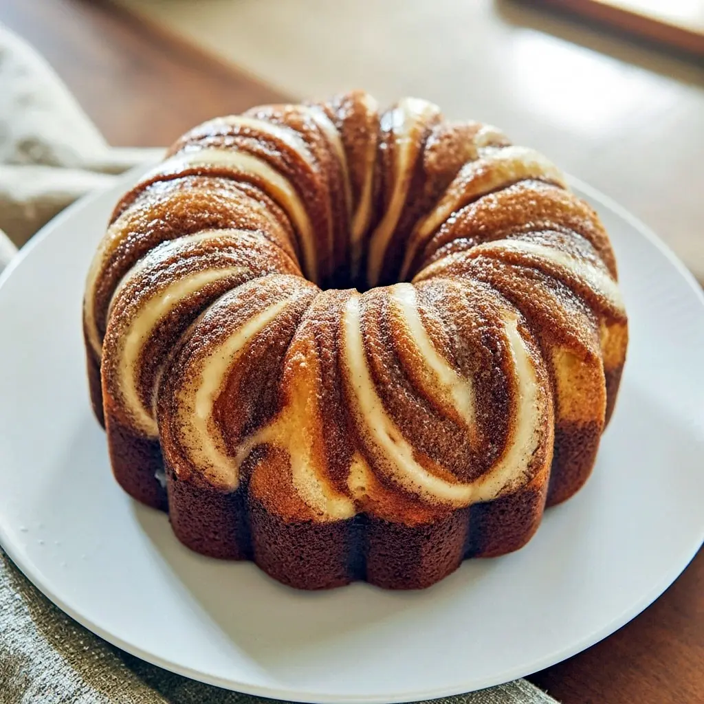 A golden Swirl Pound Cake baked in a Bundt pan with a sweet cinnamon sugar ribbon inside. A cozy dessert perfect for brunch, holidays, or anyone searching for Bundt Pan Cakes and the best Bundt Cakes Recipe.