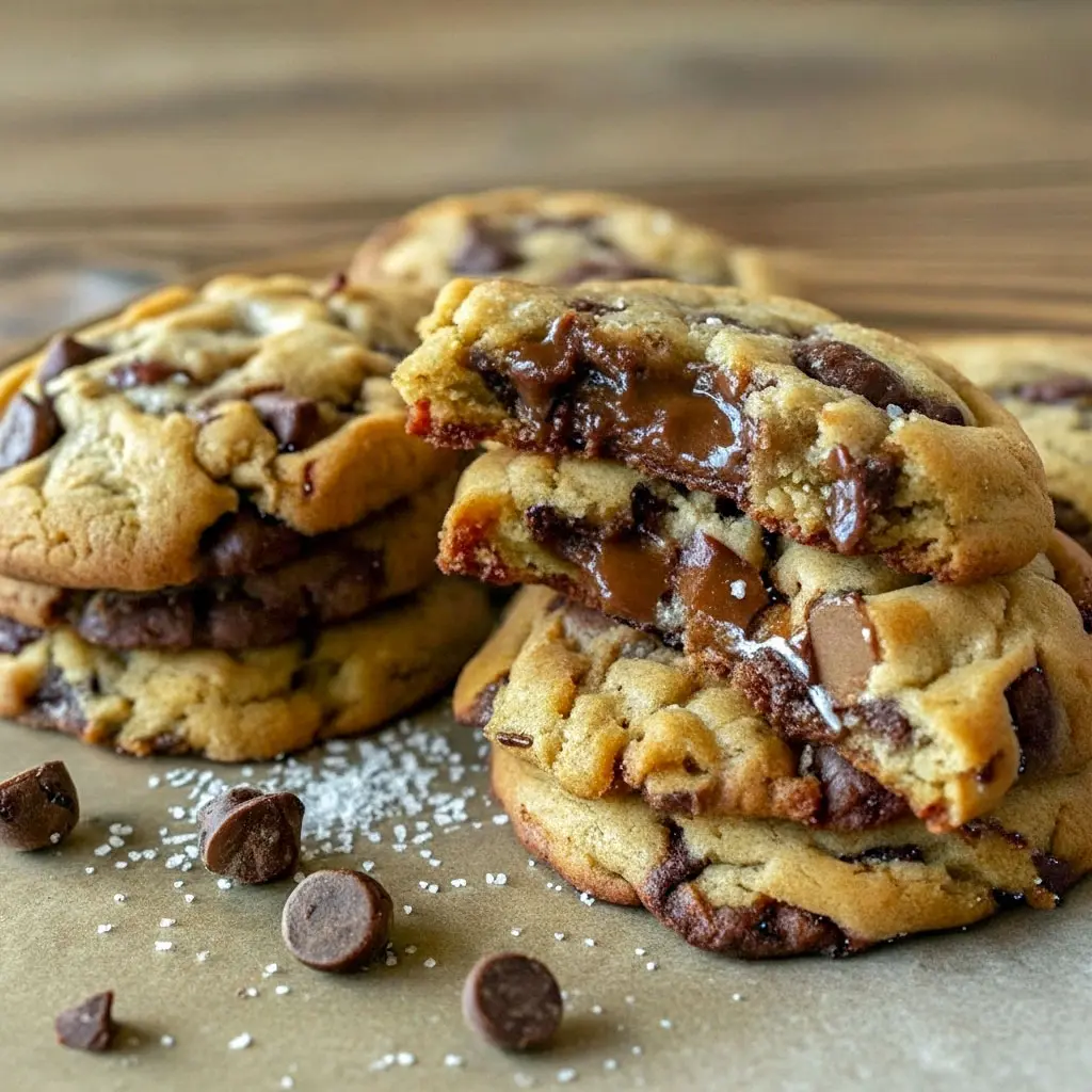 A stack of freshly baked Best Thick Gooey Chocolate Chip Cookies with melty chocolate chips, showcasing Big Choc Chip Cookies, part of Delicious Chocolate Chip Cookie Recipes and Super Soft Cookie Recipes, perfect Scratch Cookie Recipe for Easy Delicious Baked Goods lovers.