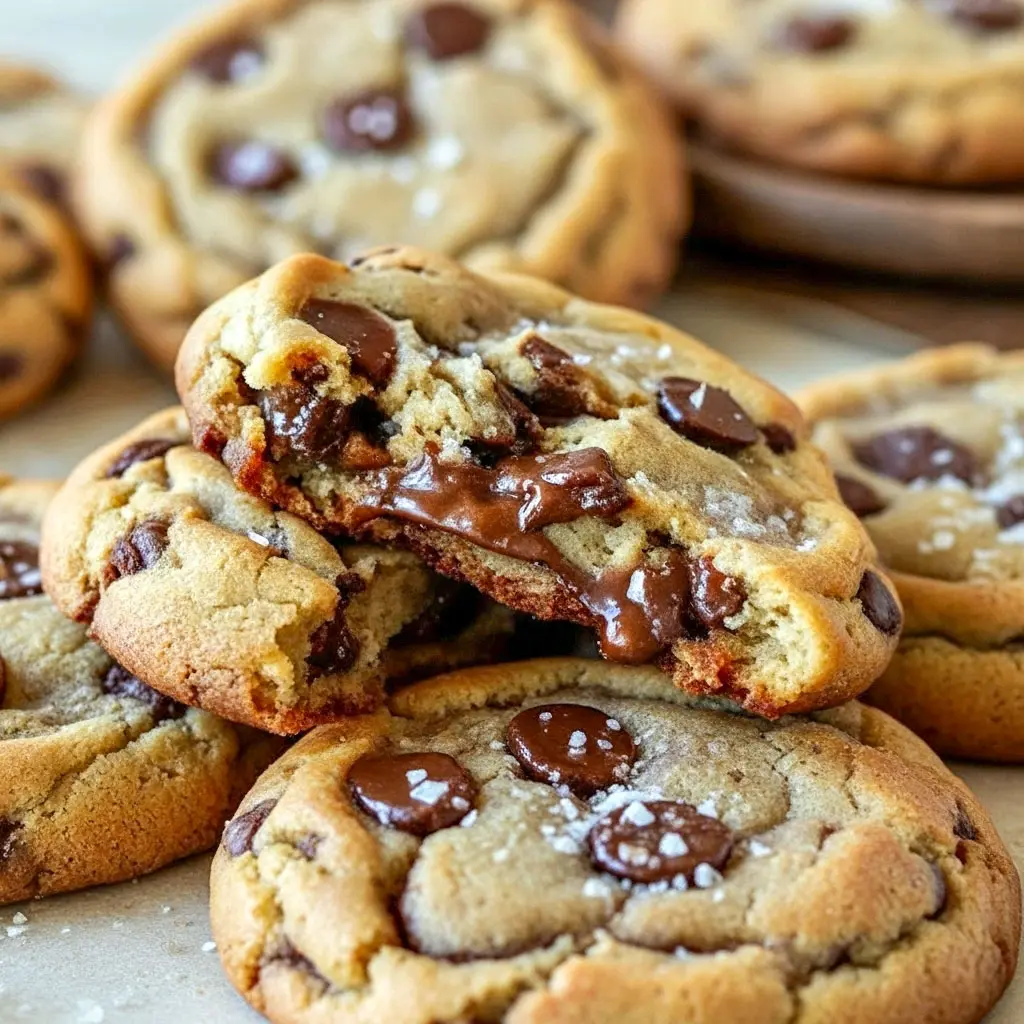 A stack of freshly baked Best Thick Gooey Chocolate Chip Cookies with melty chocolate chips, showcasing Big Choc Chip Cookies, part of Delicious Chocolate Chip Cookie Recipes and Super Soft Cookie Recipes, perfect Scratch Cookie Recipe for Easy Delicious Baked Goods lovers.