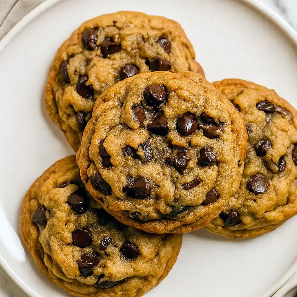 Stack of chewy Bourbon Butter Cookies with gooey chocolate chips, golden edges, and rich bourbon flavor, the perfect boozy twist on a classic chocolate chip cookie.
