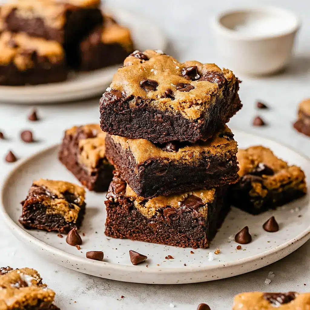 Overhead view of sliced Brown Butter Brookies showing gooey brownie layers and golden Chewy Chocolate Chip Cookies on top, a decadent Brookies Recipe that blends classic Cookies Recette with indulgent brownie batter for the ultimate Baked Dessert Recipes treat.