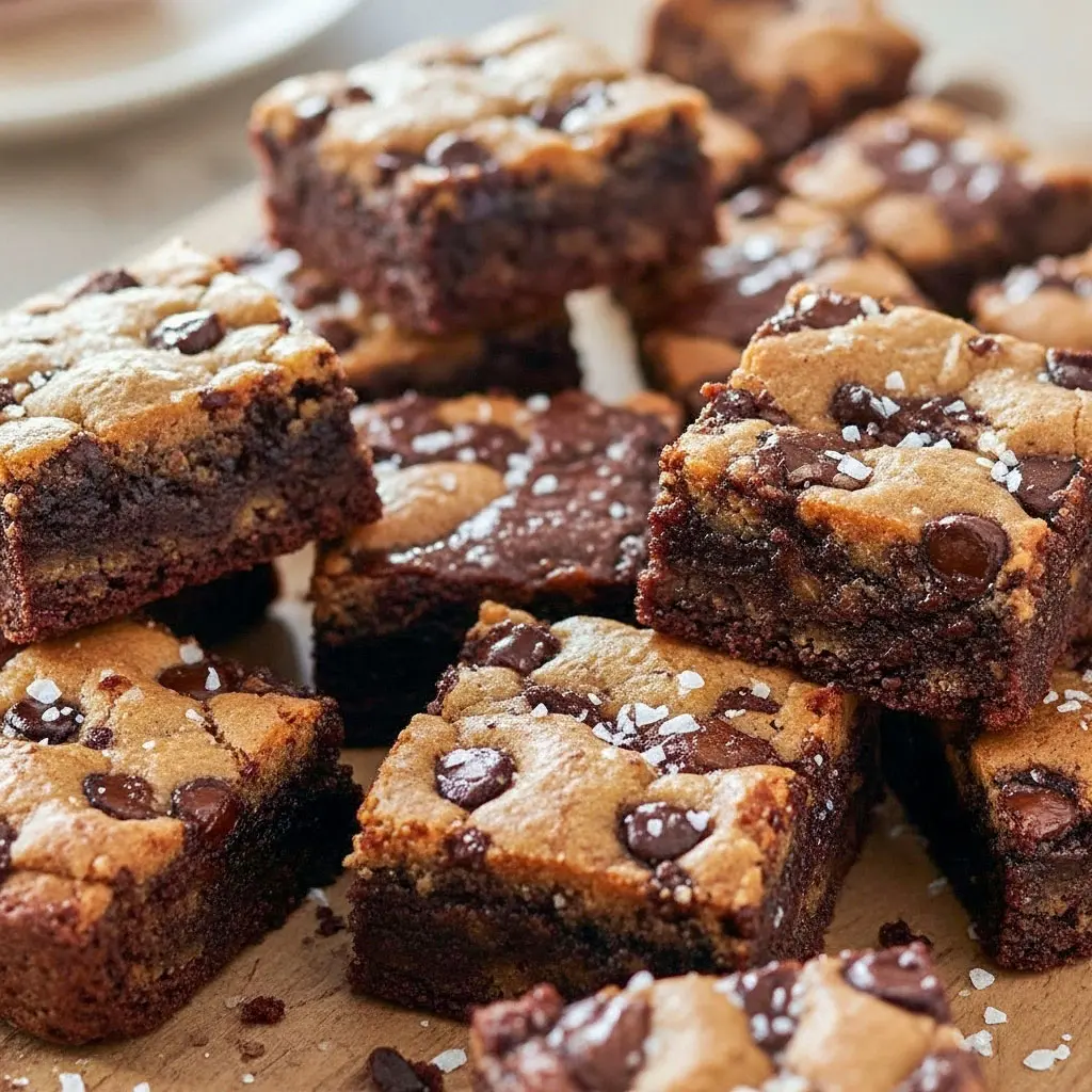 Overhead view of sliced Brown Butter Brookies showing gooey brownie layers and golden Chewy Chocolate Chip Cookies on top, a decadent Brookies Recipe that blends classic Cookies Recette with indulgent brownie batter for the ultimate Baked Dessert Recipes treat.