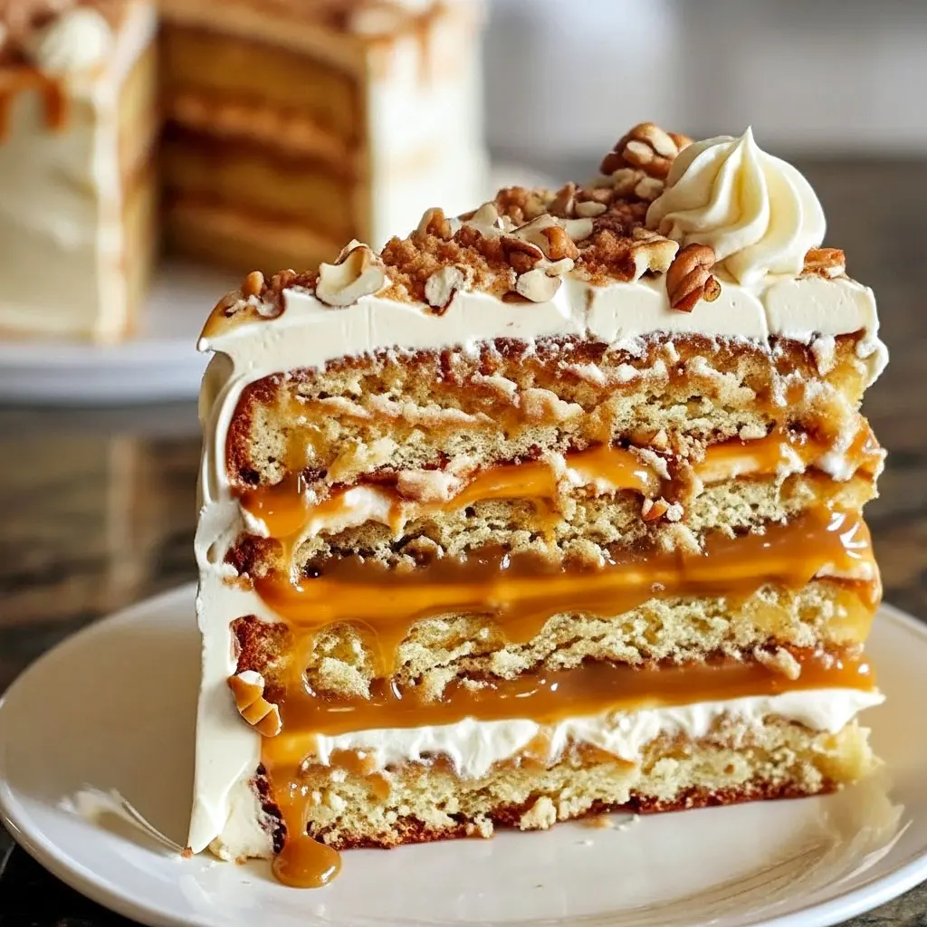 A slice of Caramel Crumble Cake with layers of moist caramel sponge, creamy frosting, and a golden Cake Crunch Layer on top — the ultimate Caramel Nut Cake Recipe for fans of Unique Layer Cakes and Carmel Crunch Cake Recipe desserts.