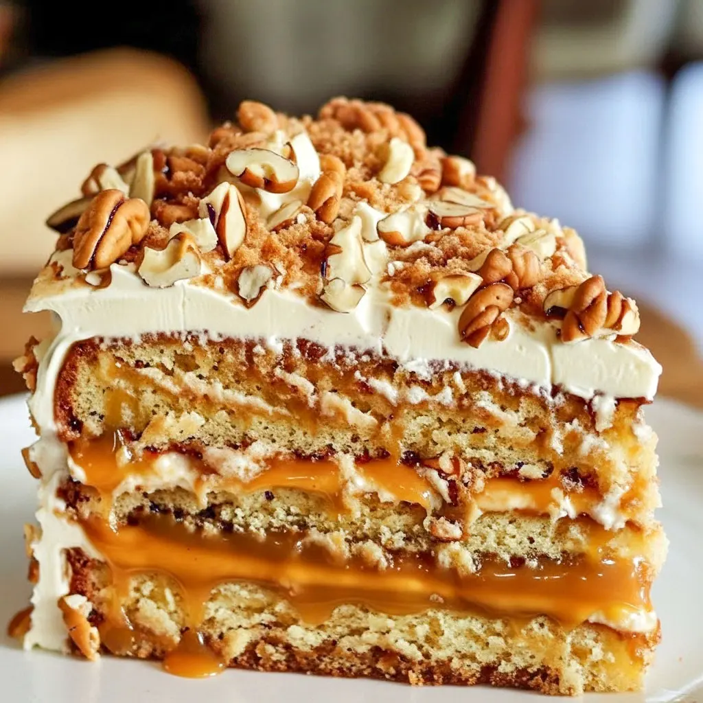 A slice of Caramel Crumble Cake with layers of moist caramel sponge, creamy frosting, and a golden Cake Crunch Layer on top — the ultimate Caramel Nut Cake Recipe for fans of Unique Layer Cakes and Carmel Crunch Cake Recipe desserts.