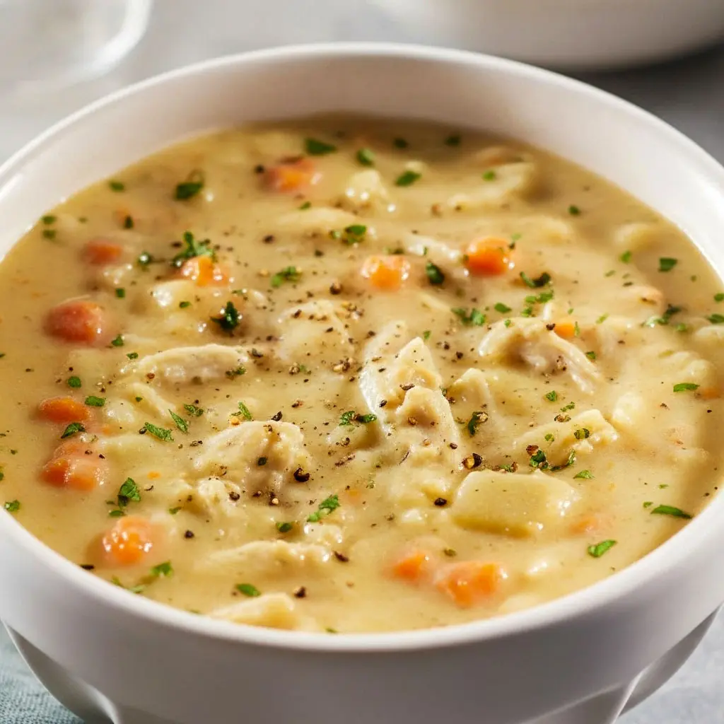 A creamy bowl of cozy chicken pot pie soup made in the crockpot — an Easy Healthy Crockpot Recipes Soups idea and Healthy Winter Comfort Food, perfect for Clean Soups Recipes, Best Gluten Free Soup Recipes, Meal Prep Soup Healthy Recipes, and All Day Soup Recipes lovers.
