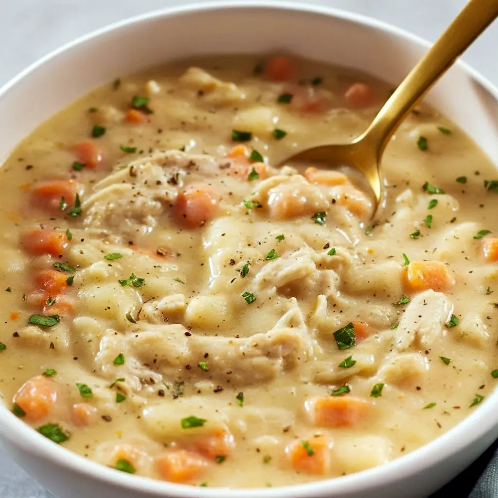 A creamy bowl of cozy chicken pot pie soup made in the crockpot — an Easy Healthy Crockpot Recipes Soups idea and Healthy Winter Comfort Food, perfect for Clean Soups Recipes, Best Gluten Free Soup Recipes, Meal Prep Soup Healthy Recipes, and All Day Soup Recipes lovers.