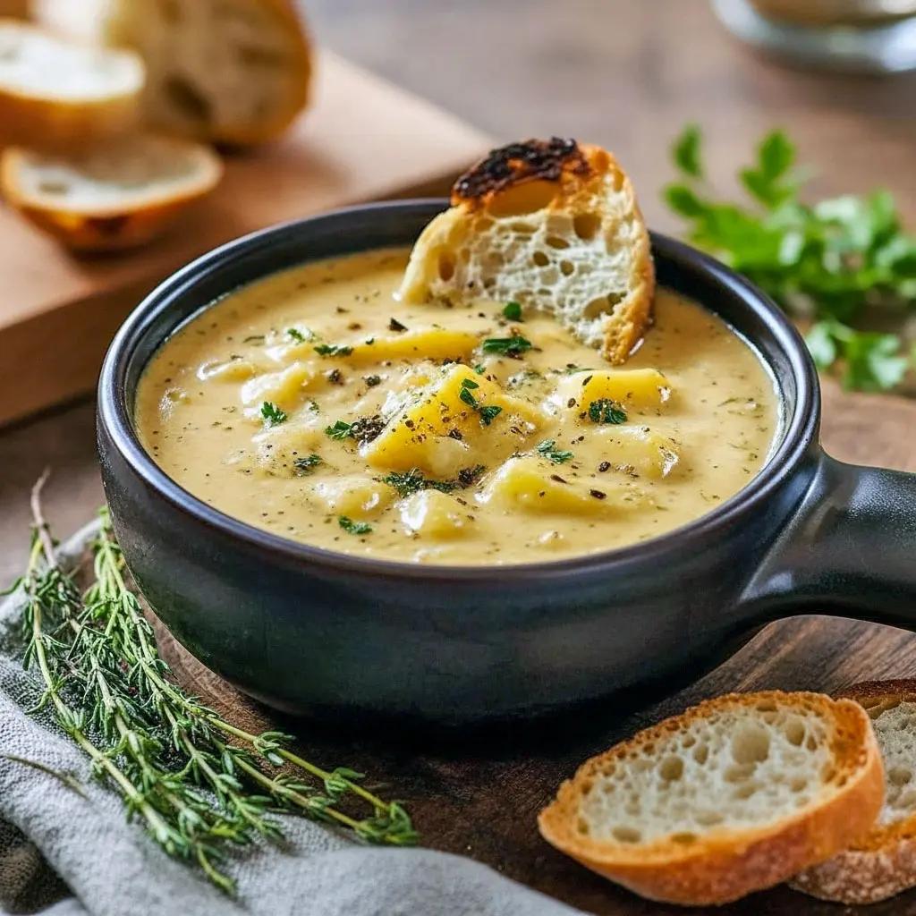 A steaming bowl of Creamy Potato Soup topped with melted Garlic Cheddar, crispy bacon, and fresh herbs — a comforting Potato Soup Recipe featuring tender Cheddar Potatoes, creamy Garlic Potatoes, and rich Garlic Herb flavor, perfect for cozy Comfort Dishes and cold-weather Hearty Soups.