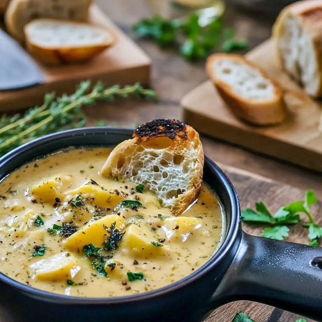 A steaming bowl of Creamy Potato Soup topped with melted Garlic Cheddar, crispy bacon, and fresh herbs — a comforting Potato Soup Recipe featuring tender Cheddar Potatoes, creamy Garlic Potatoes, and rich Garlic Herb flavor, perfect for cozy Comfort Dishes and cold-weather Hearty Soups.