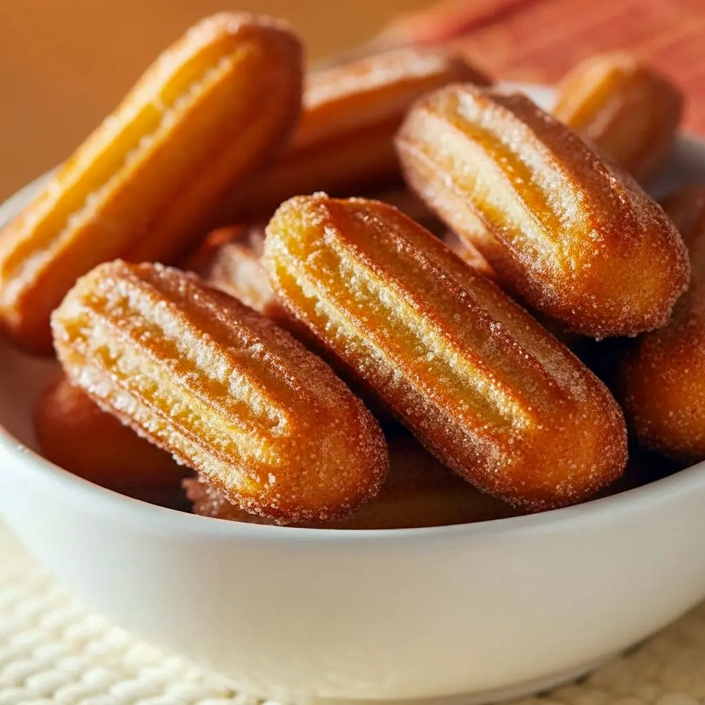 Golden Churro Bites coated in cinnamon sugar, served on a plate — a quick and Easy Baking idea for School Party Food, perfect Yummy Treats for any Sweet Tooth, inspired by Great Recipes and Dessert Recipes Easy from your favorite Food App.