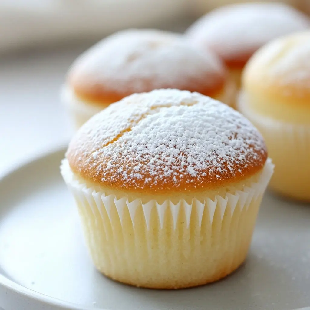 Fluffy golden Japanese Cotton Cheesecake Cheesecake Cupcakes topped with powdered sugar, light and airy Asian Desserts perfect for Sweet Snacks, Fun Baking Recipes, and Easy Baking Recipes fans who love Yummy Food Dessert, Cupcake Recipes, and Cheesecake Recipes.