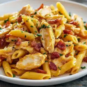 Close-up of creamy Chicken Penne Pasta topped with melted cheese — an easy, flavorful dish from the best Penne Recipes and Chicken Casserole Dishes collection, perfect for quick Dinner Dishes.