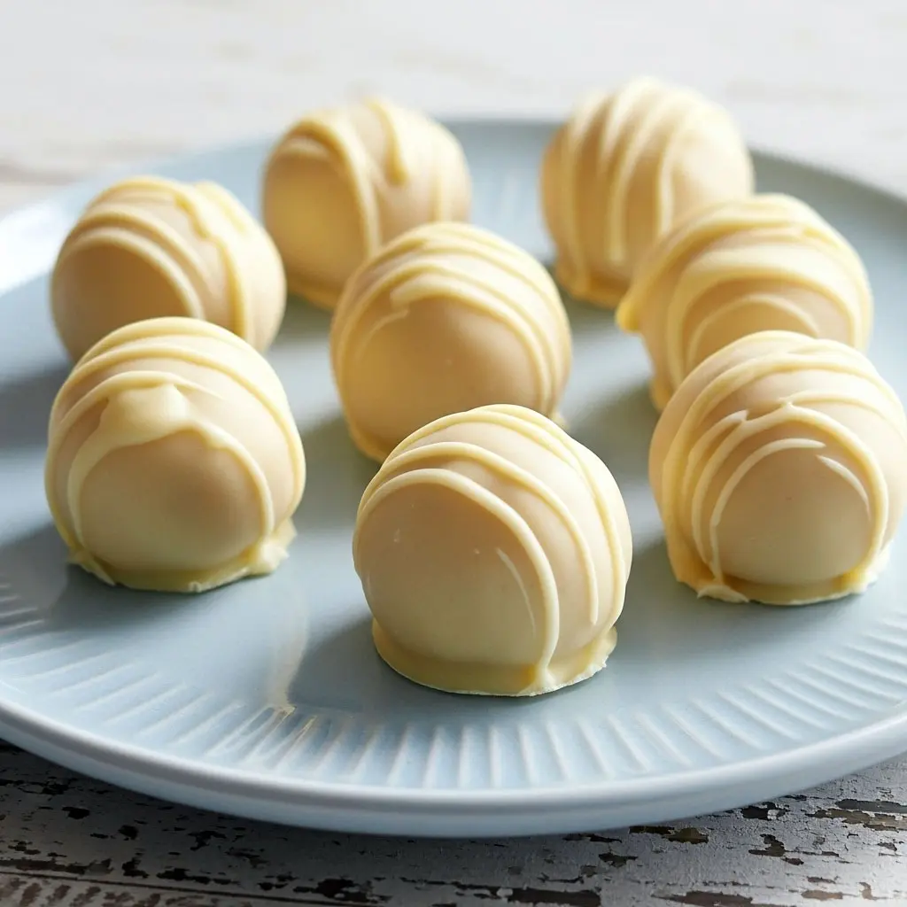A plate of creamy, no-bake lemon truffles coated in white chocolate and sprinkled with lemon zest — a bright, zesty treat perfect for Gourmet Snack Ideas, Light And Healthy Desserts, and Healthy Easy Sweets.
