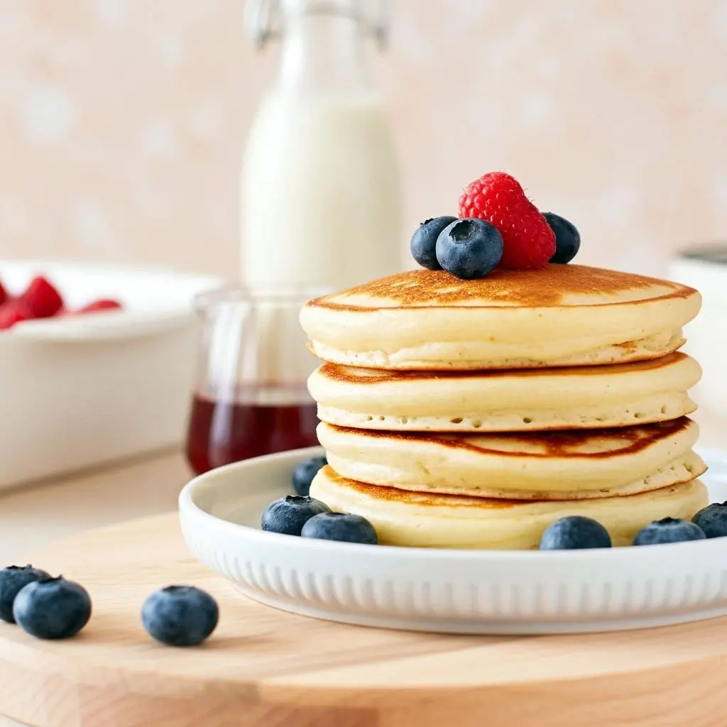 Stack of golden Extra Fluffy Protein Pancakes topped with syrup and berries — an easy, high-protein breakfast made from Pe Science Protein Recipes, perfect Bulking Pancakes for meal prep or quick weekday mornings.