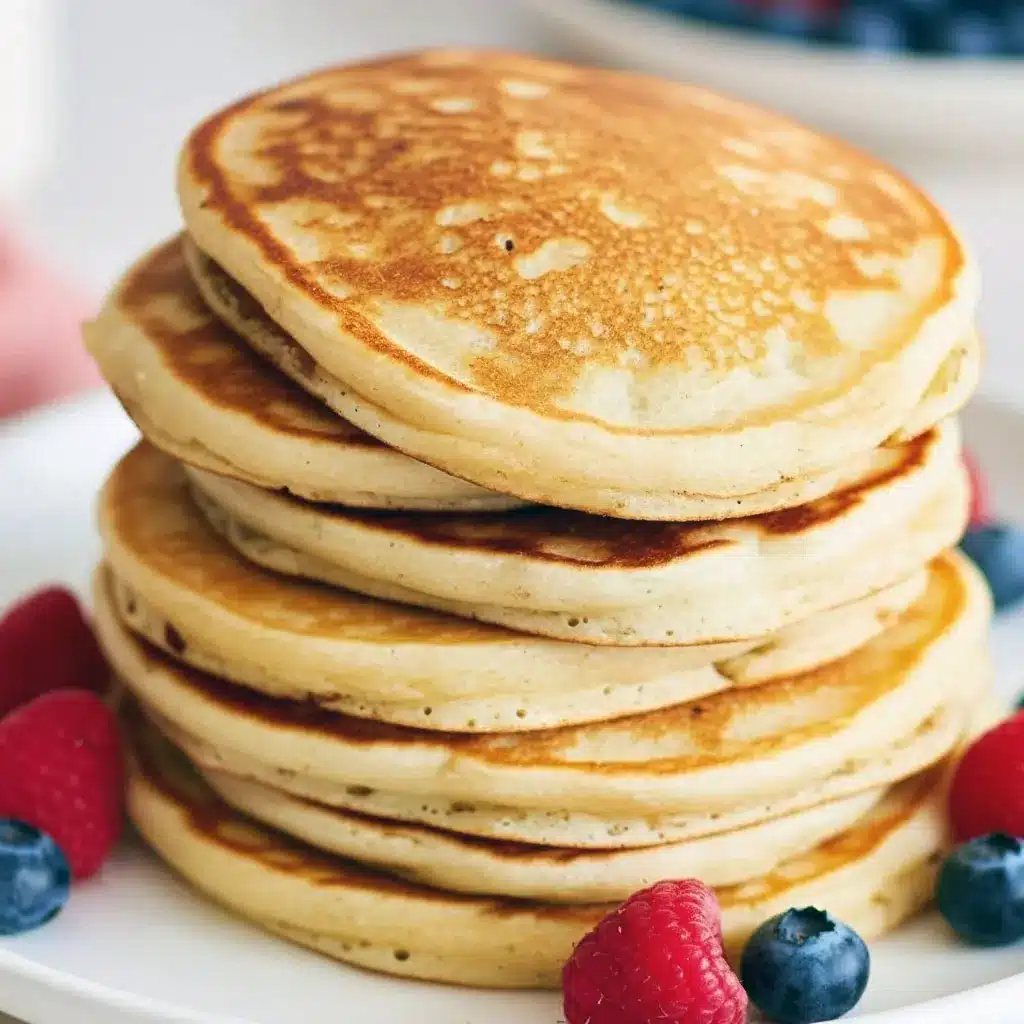 Stack of golden Extra Fluffy Protein Pancakes topped with syrup and berries — an easy, high-protein breakfast made from Pe Science Protein Recipes, perfect Bulking Pancakes for meal prep or quick weekday mornings.