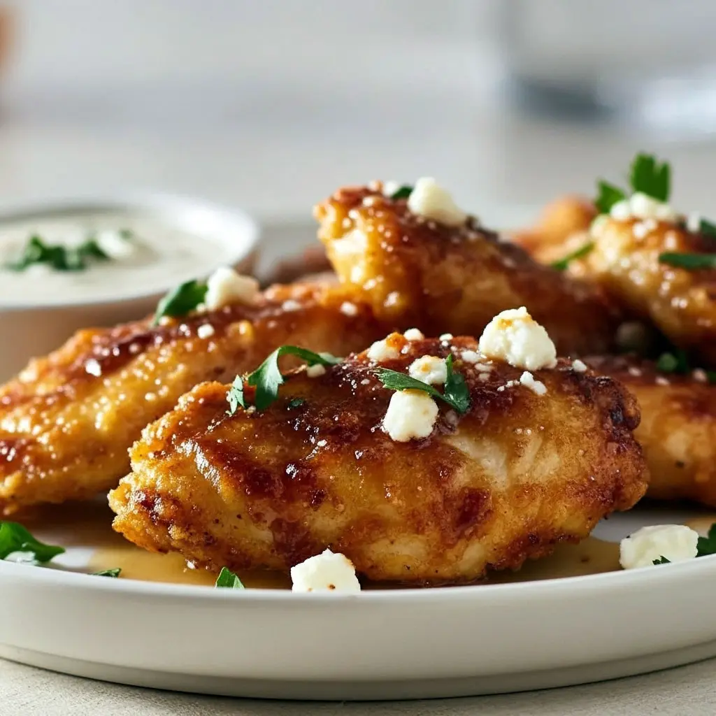 Crispy Feta Chicken topped with melted feta and drizzled in hot honey, served on a rustic plate — a golden, juicy Chicken Breast Recipe that’s equal parts spicy, sweet, and satisfying.