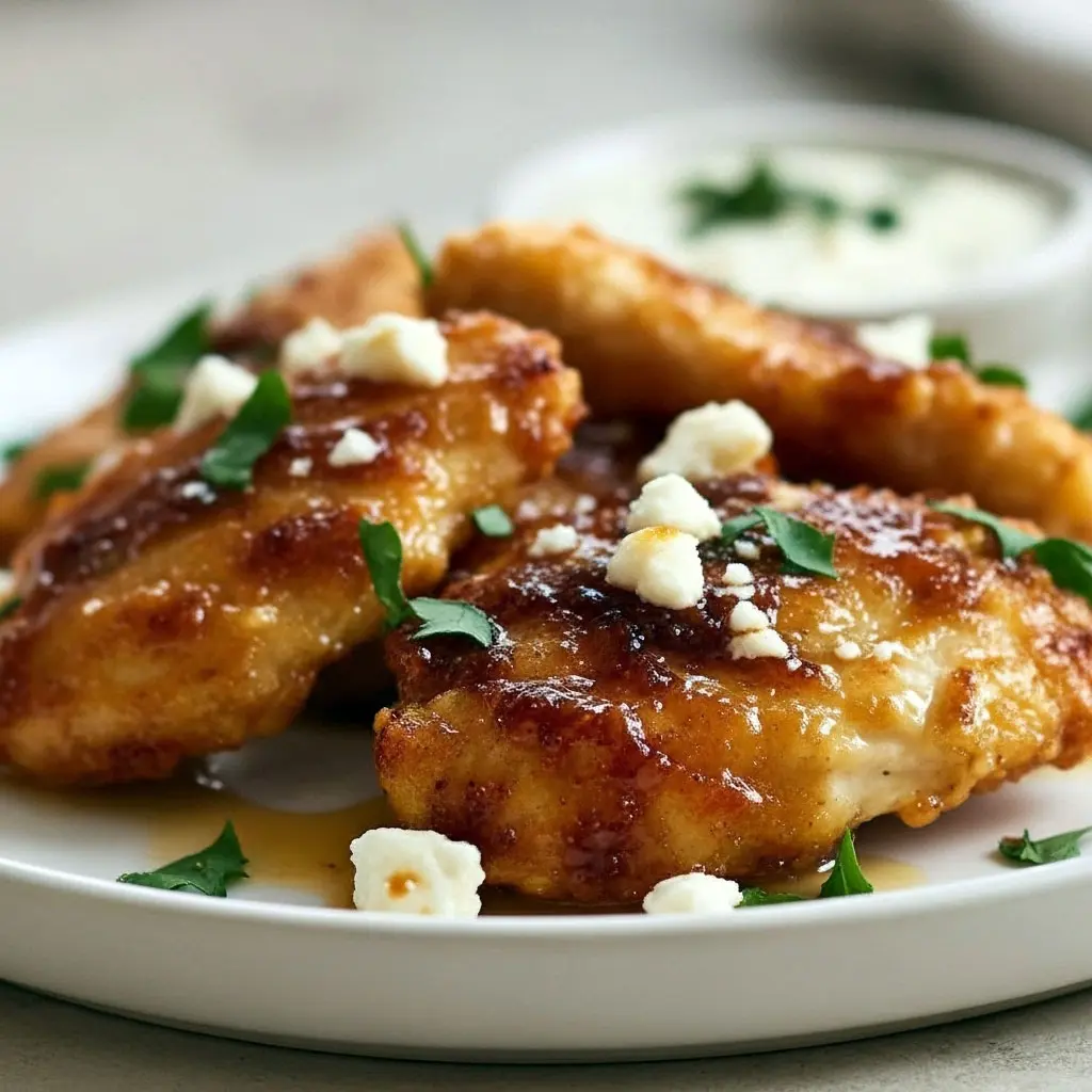 Crispy Feta Chicken topped with melted feta and drizzled in hot honey, served on a rustic plate — a golden, juicy Chicken Breast Recipe that’s equal parts spicy, sweet, and satisfying.