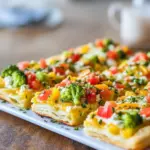 Colorful Crescent Rolls Appetizer topped with cream cheese, fresh vegetables, and herbs — a beautiful and tasty Recipe For Veggie Pizza perfect for Fun Appetizer Ideas, Side Foods For Party, and Cold Food For Potluck gatherings.