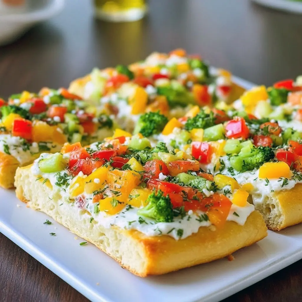 Colorful Crescent Rolls Appetizer topped with cream cheese, fresh vegetables, and herbs — a beautiful and tasty Recipe For Veggie Pizza perfect for Fun Appetizer Ideas, Side Foods For Party, and Cold Food For Potluck gatherings.