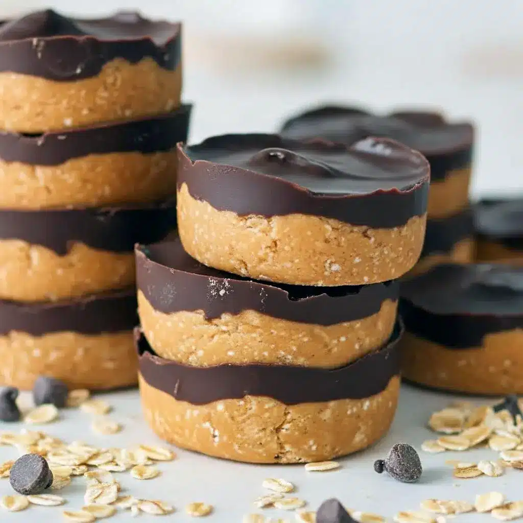 Stack of no bake peanut butter chocolate oat cups with smooth chocolate tops and creamy peanut butter layers — the Healthiest Desserts for Quick And Healthy Desserts and Healthy Snacks With Chocolate you’ll actually crave.