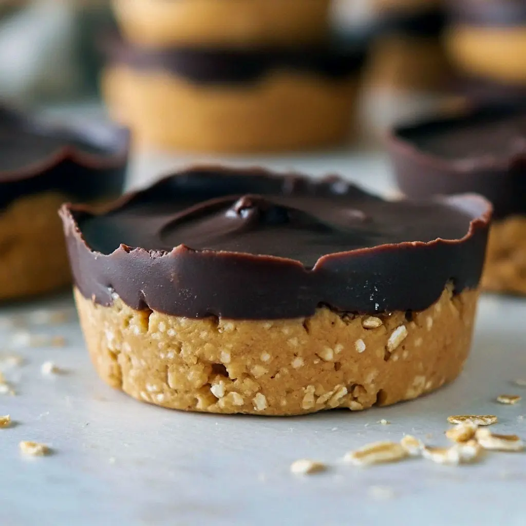 Stack of no bake peanut butter chocolate oat cups with smooth chocolate tops and creamy peanut butter layers — the Healthiest Desserts for Quick And Healthy Desserts and Healthy Snacks With Chocolate you’ll actually crave.