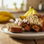 Moist and fluffy Protein Banana Bread and Banana Protein Blondies on a wooden board, a delicious Protein Baking idea packed with banana flavor — perfect Healthy Protein Snacks and High Protein Desserts for banana lovers.