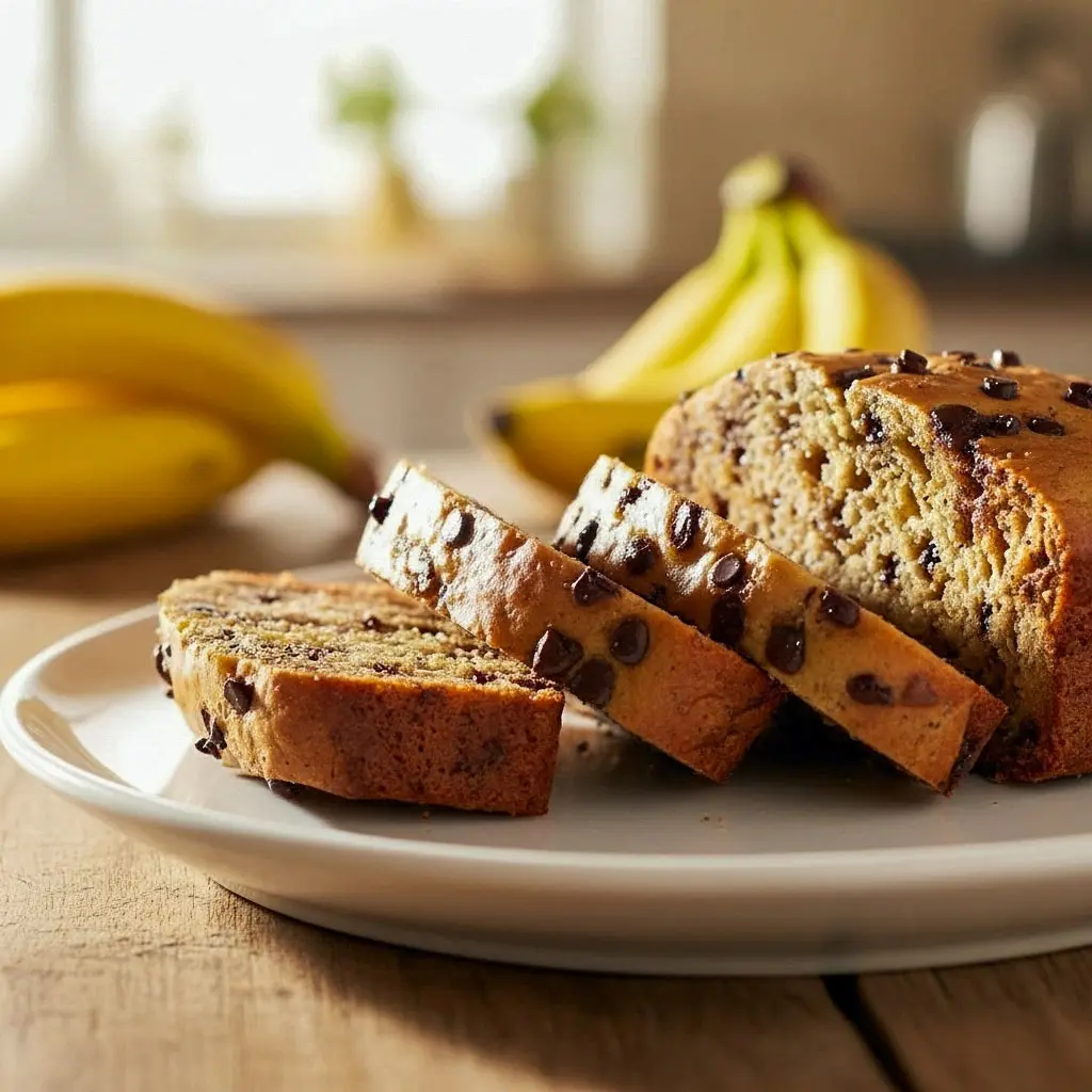 Moist and fluffy Protein Banana Bread and Banana Protein Blondies on a wooden board, a delicious Protein Baking idea packed with banana flavor — perfect Healthy Protein Snacks and High Protein Desserts for banana lovers.