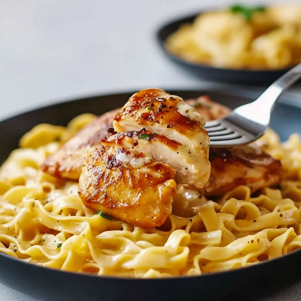 A skillet of golden One Pan Chicken With Noodles featuring tender chicken breasts and buttery egg noodles, garnished with parsley—a comforting Hearty Easy Dinner perfect for weeknights.
