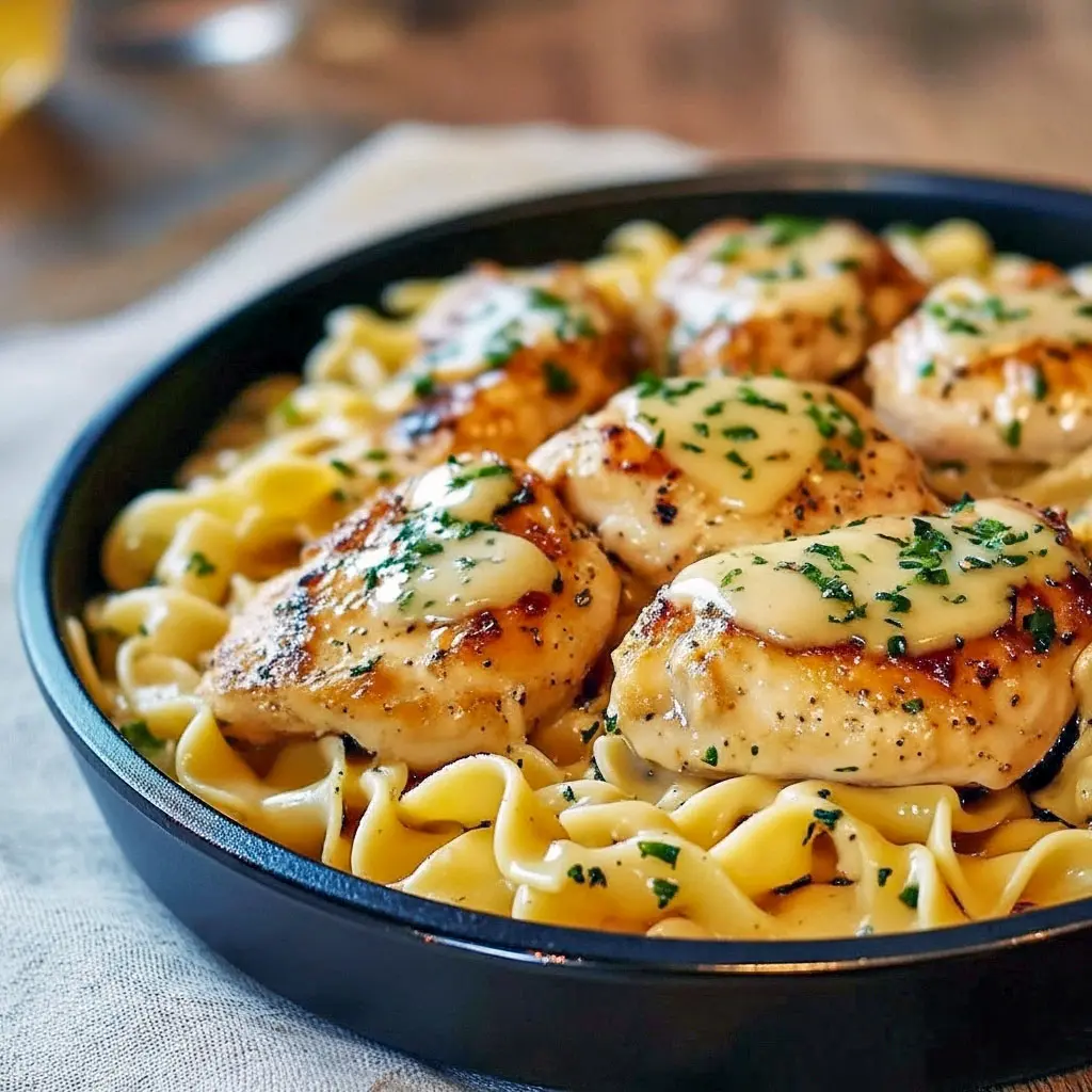 A skillet of golden One Pan Chicken With Noodles featuring tender chicken breasts and buttery egg noodles, garnished with parsley—a comforting Hearty Easy Dinner perfect for weeknights.