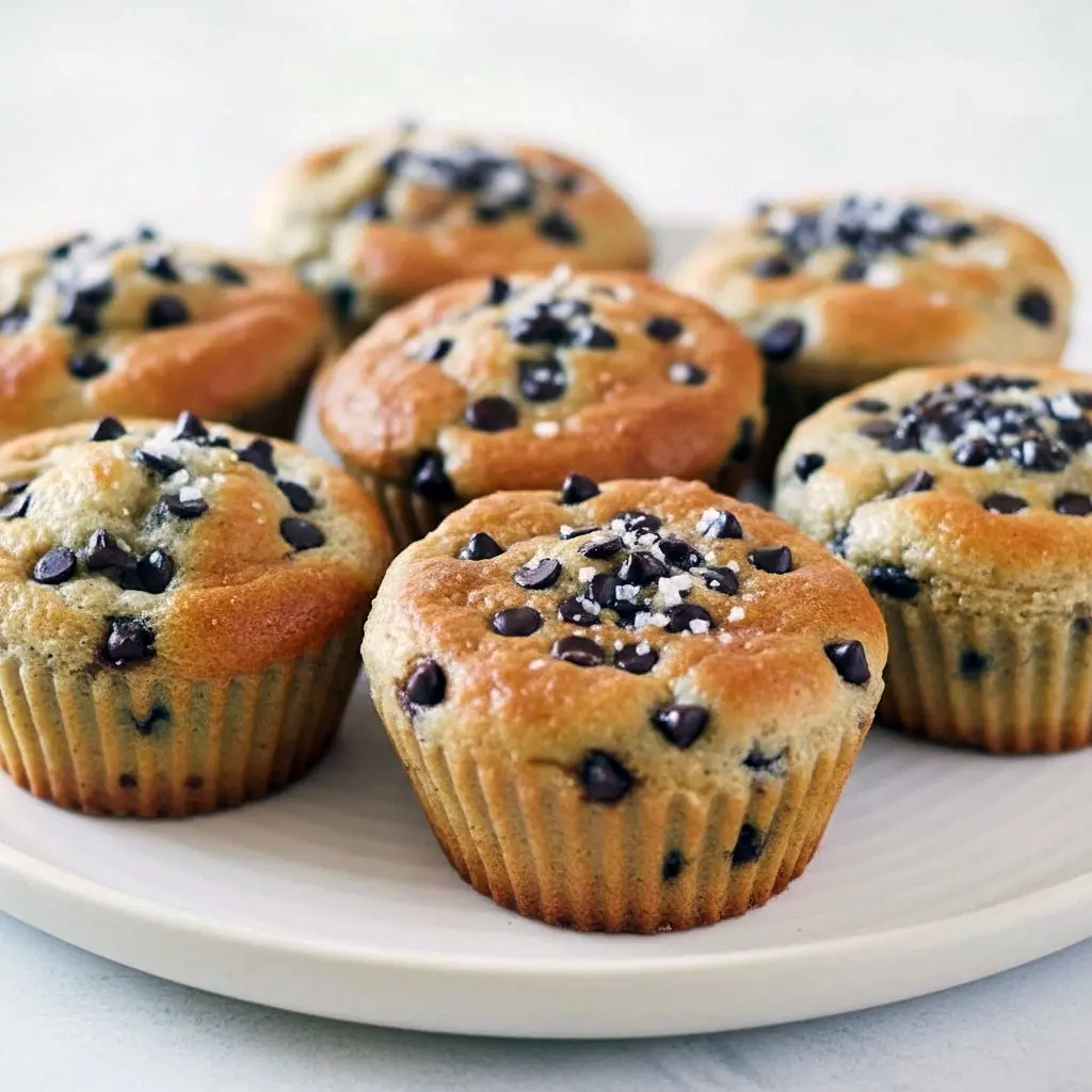 A batch of High Protein Snacks Low Sugar Healthy Muffins Chocolate Chip baked golden brown, made with oats, Greek yogurt, and Muffins Made With Protein Powder, cooling on a wire rack with melty chocolate chips on top.