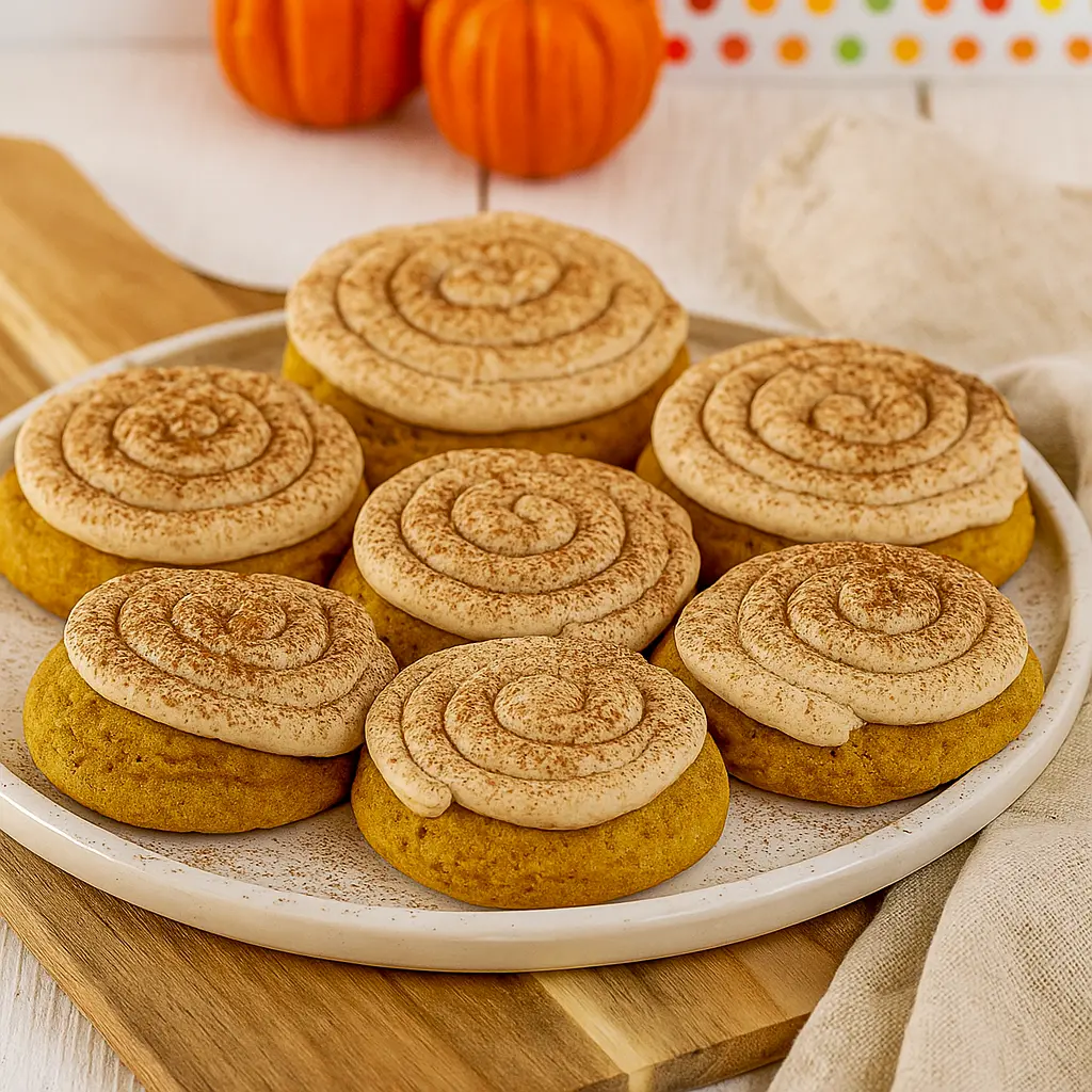 A plate of Homemade Fall Cookies – soft, chewy Cinnamon Pumpkin Cookies topped with creamy frosting, perfect for Fall Inspired Baking Recipes, Fall Treats Baking, and Cute Fall Baking Recipes.