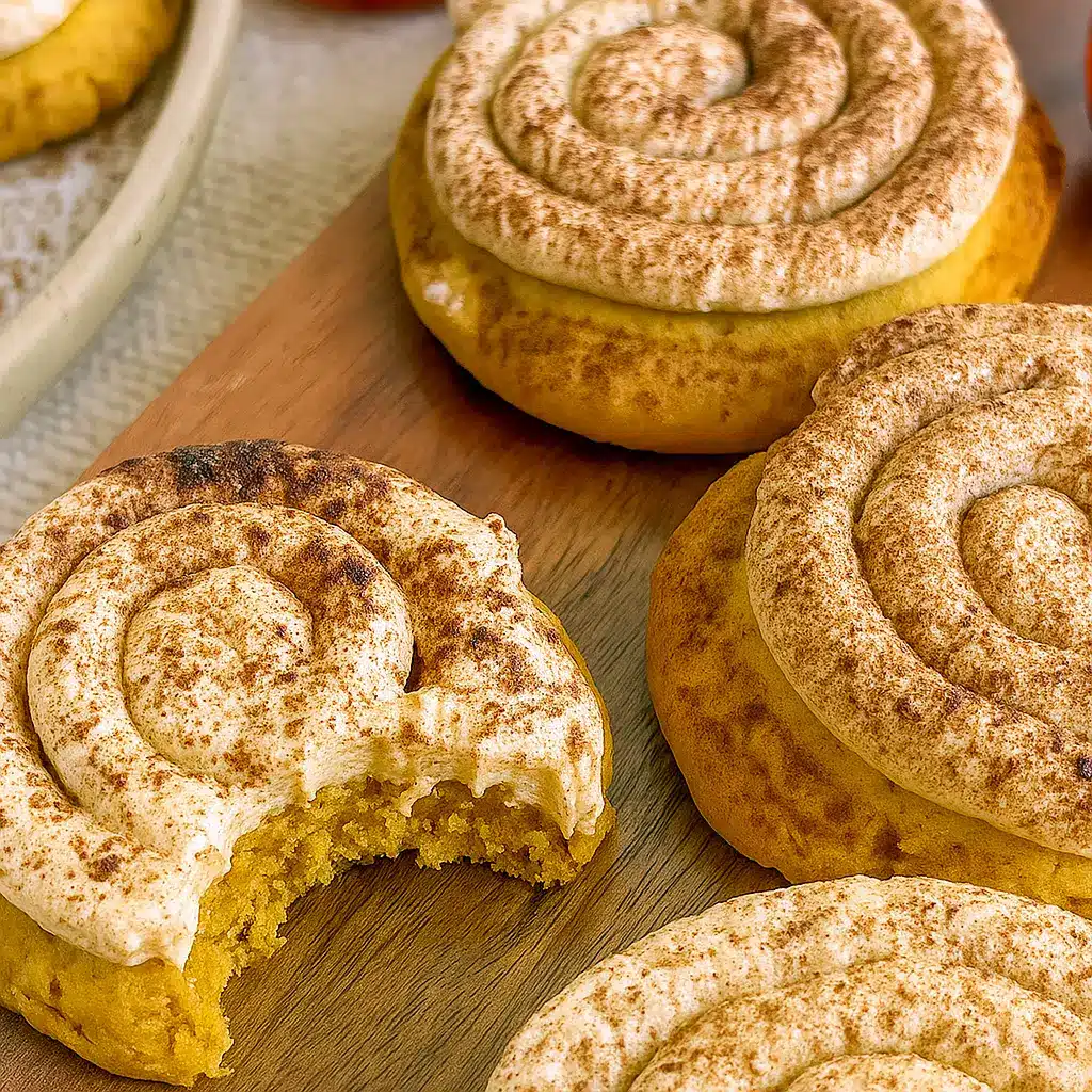 A plate of Homemade Fall Cookies – soft, chewy Cinnamon Pumpkin Cookies topped with creamy frosting, perfect for Fall Inspired Baking Recipes, Fall Treats Baking, and Cute Fall Baking Recipes.