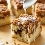 Slice of Freshly Baked Coffee Cake topped with a rich Powdered Sugar Glaze For Coffee Cake, showing layers of cinnamon streusel and buttery crumb, perfect for brunch or dessert.