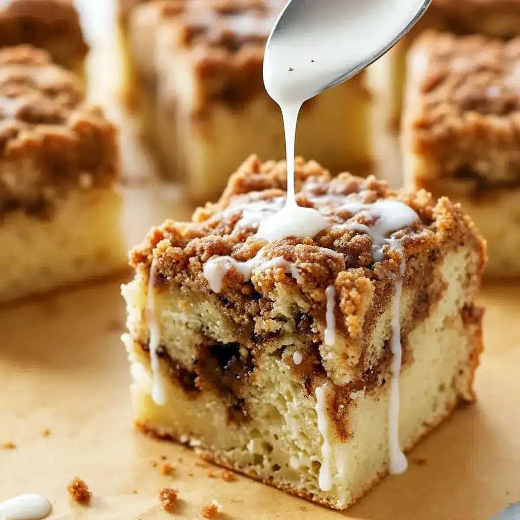 Slice of Freshly Baked Coffee Cake topped with a rich Powdered Sugar Glaze For Coffee Cake, showing layers of cinnamon streusel and buttery crumb, perfect for brunch or dessert.