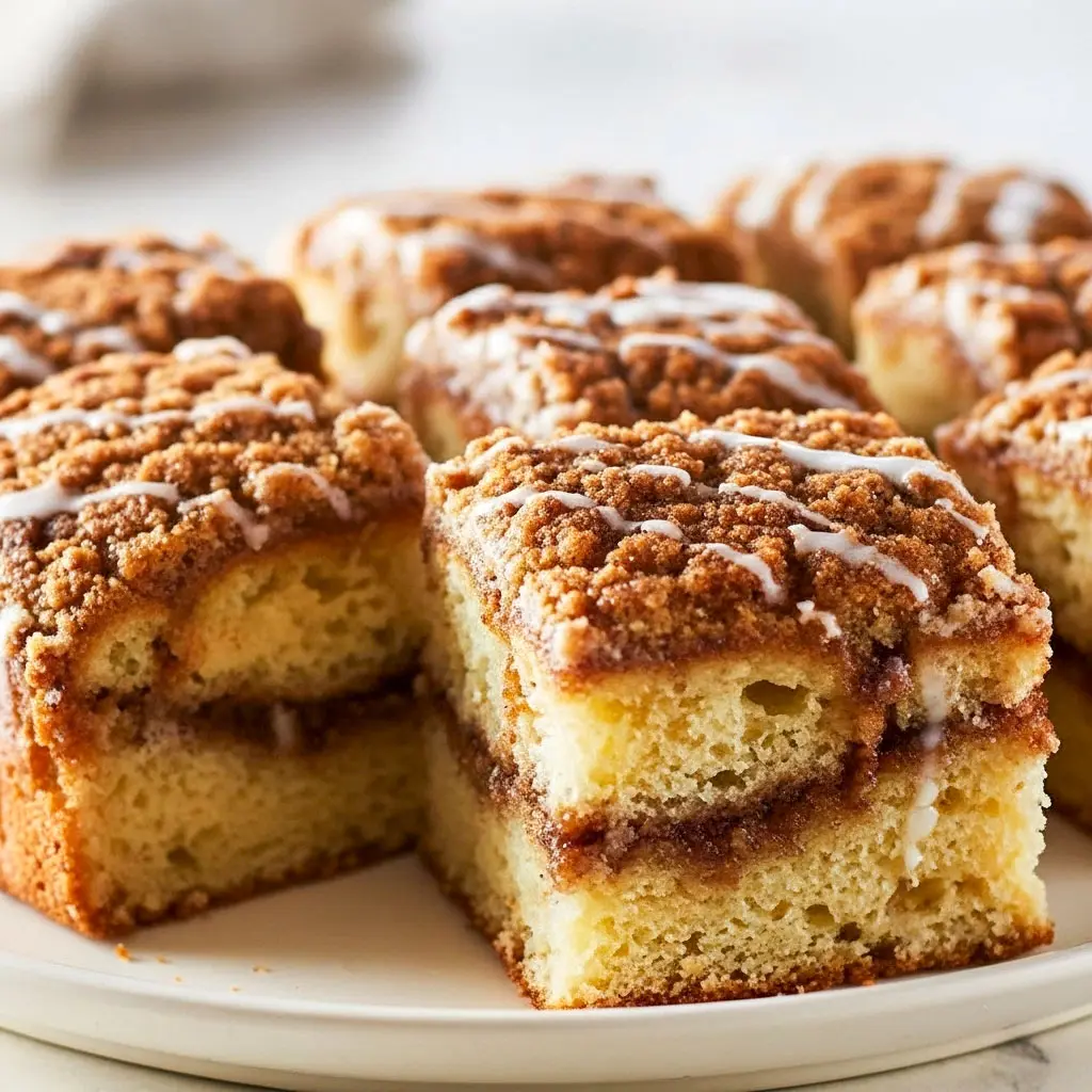 Slice of Freshly Baked Coffee Cake topped with a rich Powdered Sugar Glaze For Coffee Cake, showing layers of cinnamon streusel and buttery crumb, perfect for brunch or dessert.