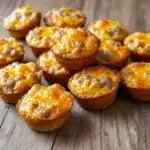 Golden brown Kodiak Pancake Muffins baked in Pancake Bites Muffin Tins, filled with sausage and cheese — the perfect High Protein Pancake Muffins and Meal Prep Breakfast For Kids idea for busy mornings or Freezer Meals Make Ahead High Protein meal prep.