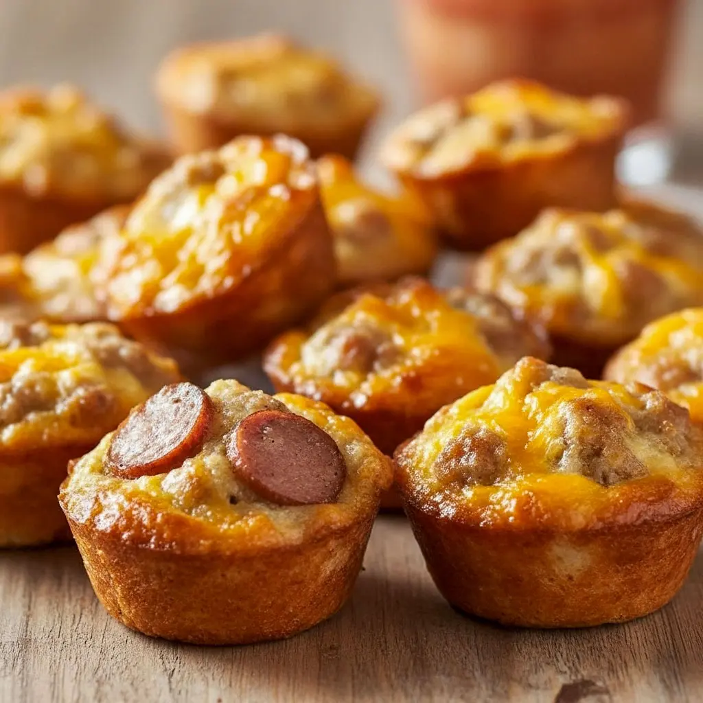 Golden brown Kodiak Pancake Muffins baked in Pancake Bites Muffin Tins, filled with sausage and cheese — the perfect High Protein Pancake Muffins and Meal Prep Breakfast For Kids idea for busy mornings or Freezer Meals Make Ahead High Protein meal prep.