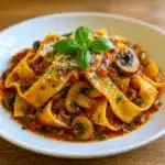 Plate of Mushroom Pappardelle with rich Mushroom Ragu served hot, showcasing a delicious Pappardelle Pasta dinner, perfect Pappardelle Recipe for cozy nights, and ideal for Pasta Side Dishes.